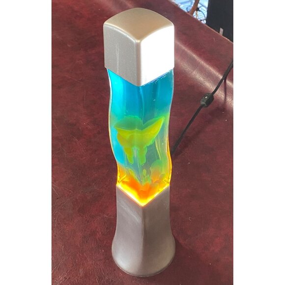 Vintage Lava Lamp Blue Green Yellow Teal Silver Base & Cap Sleek Wave Design - Picture 2 of 12